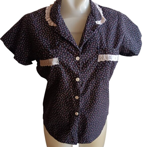 Small Vintage Blouse 1970's Boho Eber San Francisco Floral Lace Collar & Pockets - Picture 1 of 6